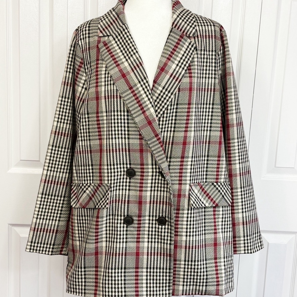 NWT Ophelia Roe Preppy Plaid Double Breasted Boyfriend Blazer Jacket 2X